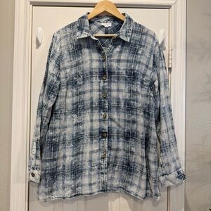 J. Jill Button Up Shirt Blue White Long Sleeves 100% Cotton Gauzy Women’s Large